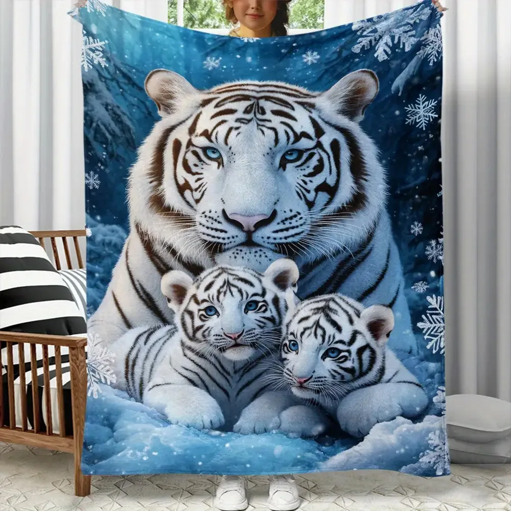 Cozy White Tiger Family Throw Blanket Plush Fleece Winter Lap Decor Xmas Gift for Kids Bedding Home Decor