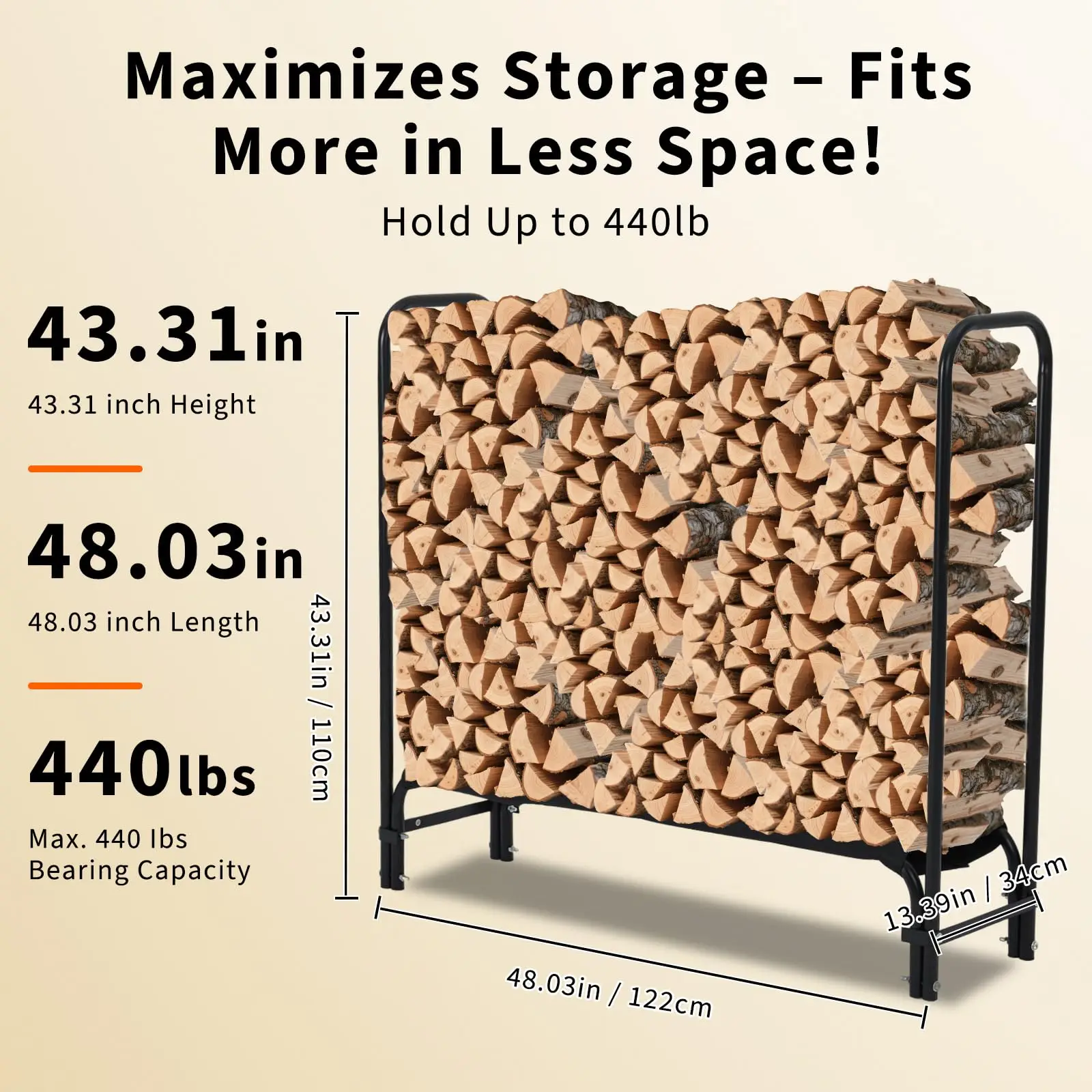 4 ft Firewood Rack with Cover Log Rack Heavy Duty Steel Log Holder for Outdoor/Indoor Use Waterproof Storage for Patio