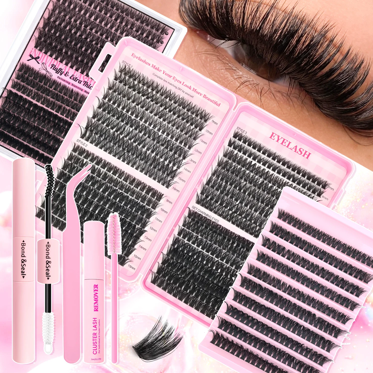DIY Eyelash Extension Kit 640/320/200pcs Clusters 9-16mm Lengths 60D 80D 100D Includes Cluster Lash Bond Seal Remover Applicator