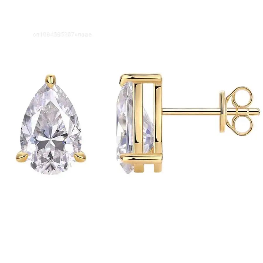 4mm-7.5mm Luxury 925 Sterling Silver Gold Plated GRA Certified VVS Pear Cut Moissanite Classic Anniversary Stud Earrings Micro