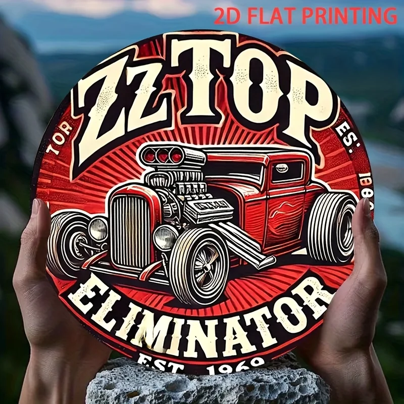 2D Flat, 1pc ZZ Top Eliminator Hot Rod Car Tin Sign - Vintage Heavy Metal Decor - Retro Red & Black Retro Garage Art - Pre-Drill view 4
