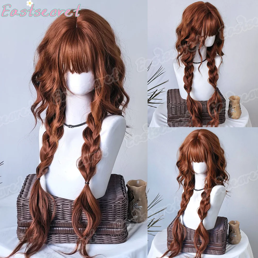 EAST Synthetic Long Ginger Orange Brown Wavy Braid Wigs with Bangs Lolita Cosplay Halloween Hair Wigs for Women wig