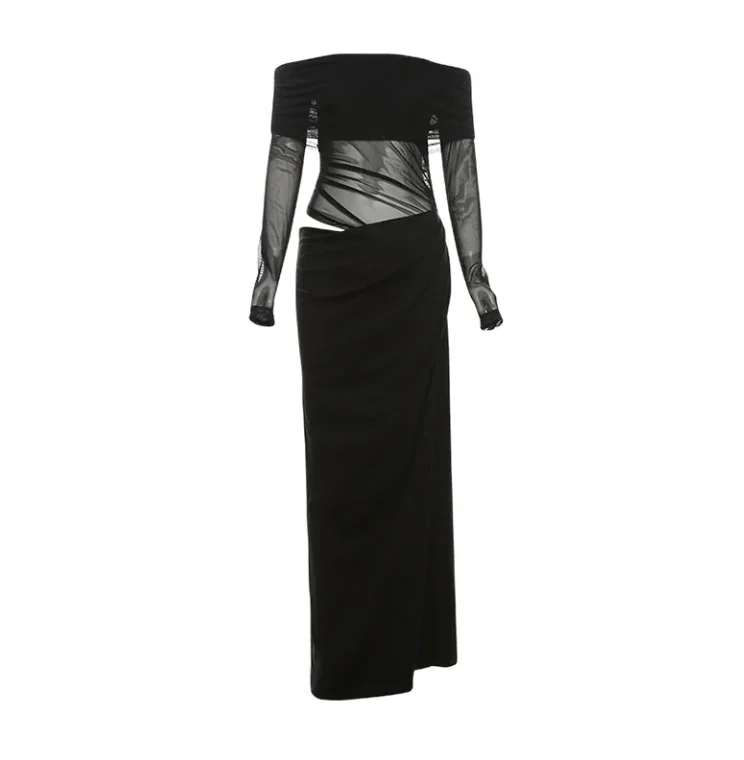 Vestidos para mujer 2025 primavera nueva moda fuera del hombro Sexy malla recortada negro mangas largas Casual Slim Fit Maxi vestido