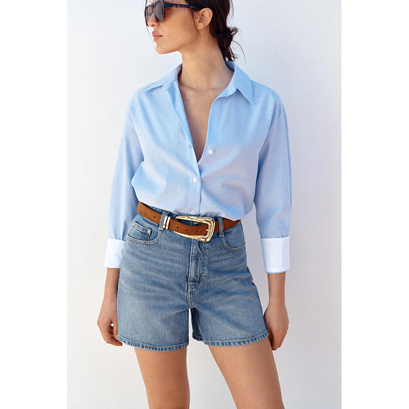 เสื้อผ้าผู้หญิงสำหรับฤดูใบไม้ผลิและฤดูร้อน ทรงหลวม ปกเสื้อแบบยาว ผ้าผสม ชายเสื้อไม่เท่ากัน สไตล์ลำลอง ป้องกันรังสียูวี สีพื้น