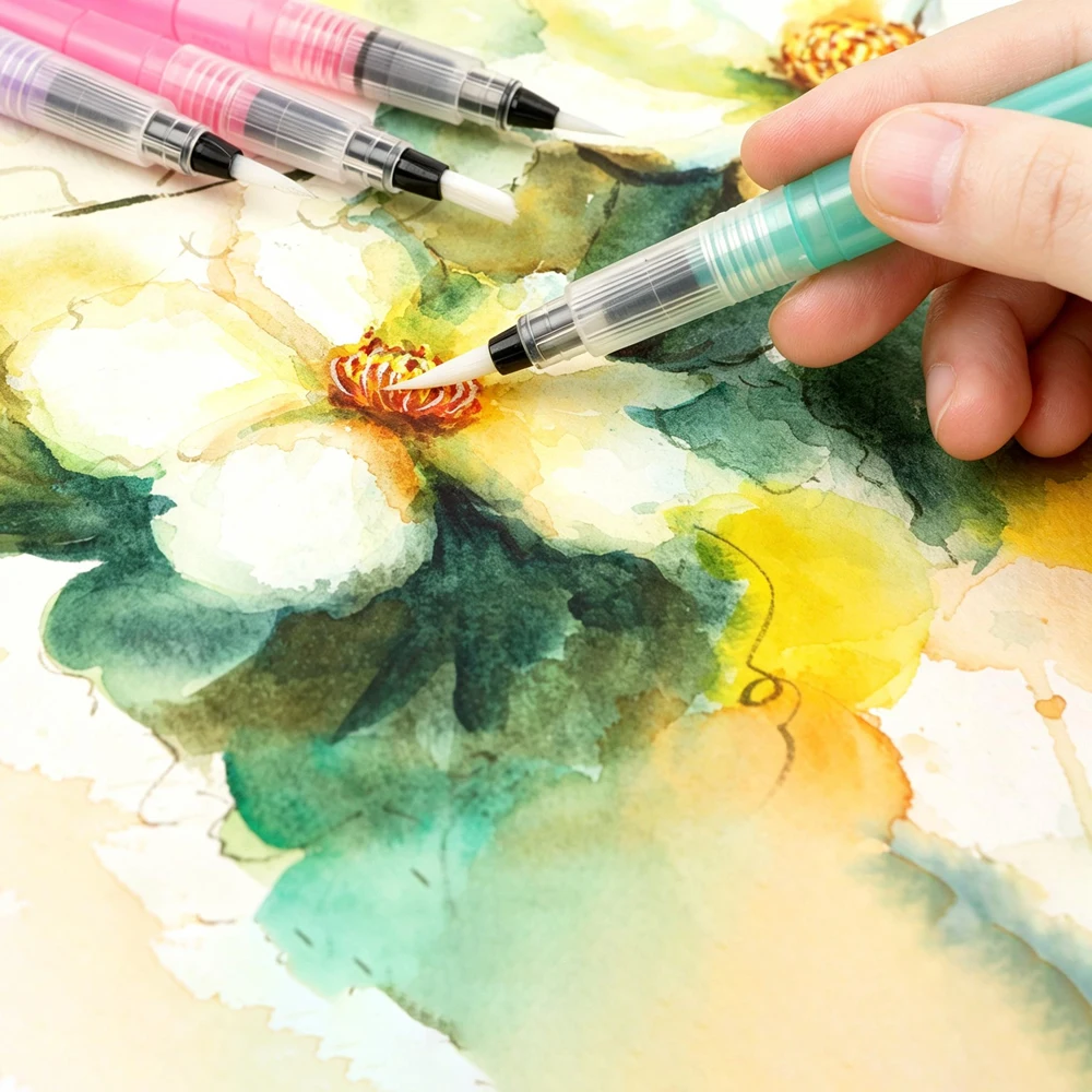 Artsecret 4PCS Refillable Watercolor Paint Brushes Flat & Round Soft Nylon Ink Pen For Painting Calligraph Art Supplies PW-253