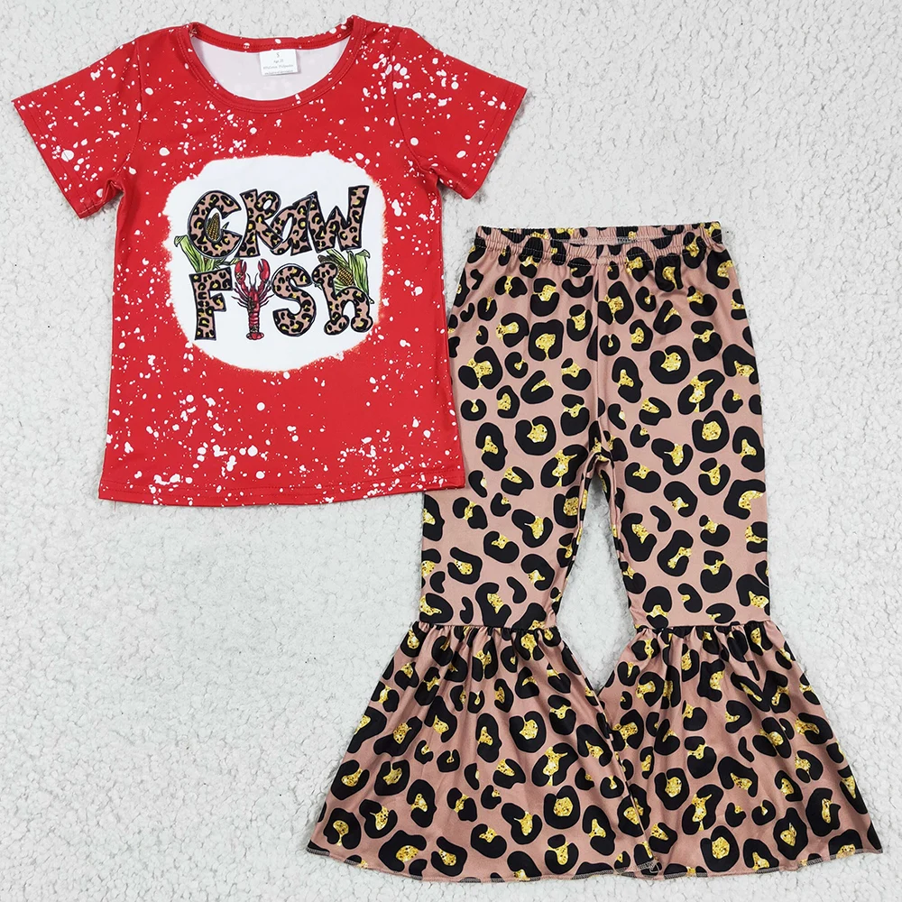 Hot Sale Baby Girl Clothes Short Sleeve Bell Pants Set Crawfish Print Cute Kids Clothes Girls Boutique Outfits Spring Wholesale