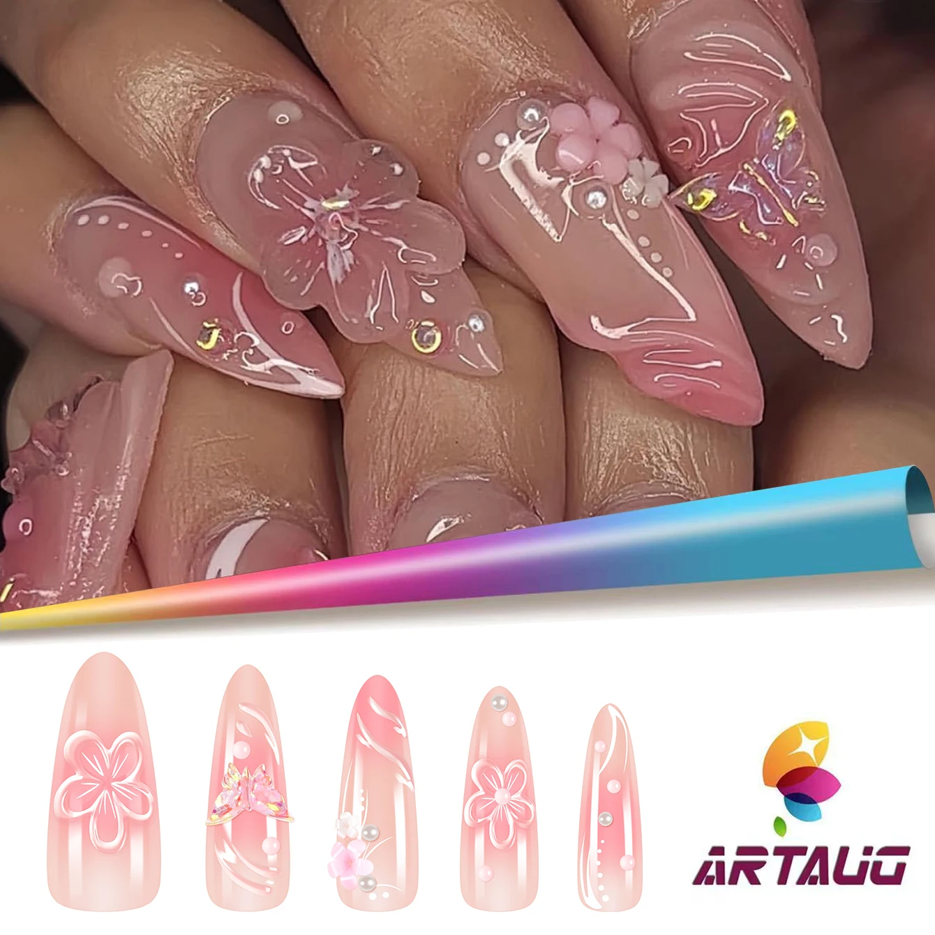 10PCS Stiletto สีชมพูดอกไม้สไตล์เล็บปลอมชุด-กดบนเล็บเจาะ Design1pc ตะไบเล็บ & 1 กาวเล็บชุดสติกเกอร์เล็บ