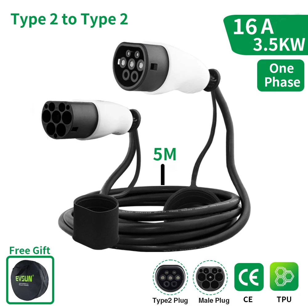 

Electric Vehicle Charging Cable 16A 1 Phase 5M Type 2 to Type 2 EV Charger Female to Male IEC 62196-2 Plug
