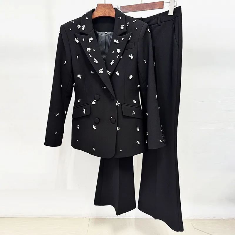 

Luxury Rhinestone Black Blazer Pant Set Elegant Women Evening Party Prom Gown Two Piece Outfits Formal Wedding Guest Suit Set