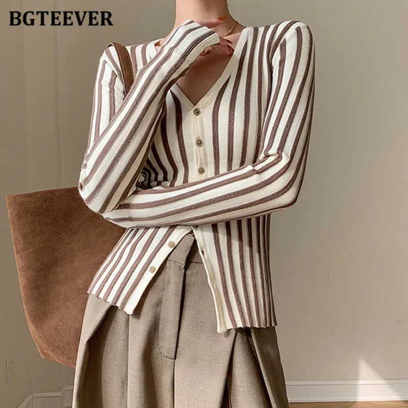 BGTEEVER Autumn Winter V-neck Long Sleeve Women Striped Knitted Cardigan Tops Stylish Slim Ladies Single-breasted Sweaters