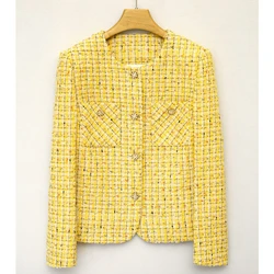 2023 Spring Autumn France Style Women's High Quality Elegant Pockets Yellow Plaid Tweed Jackets Short Coat F093