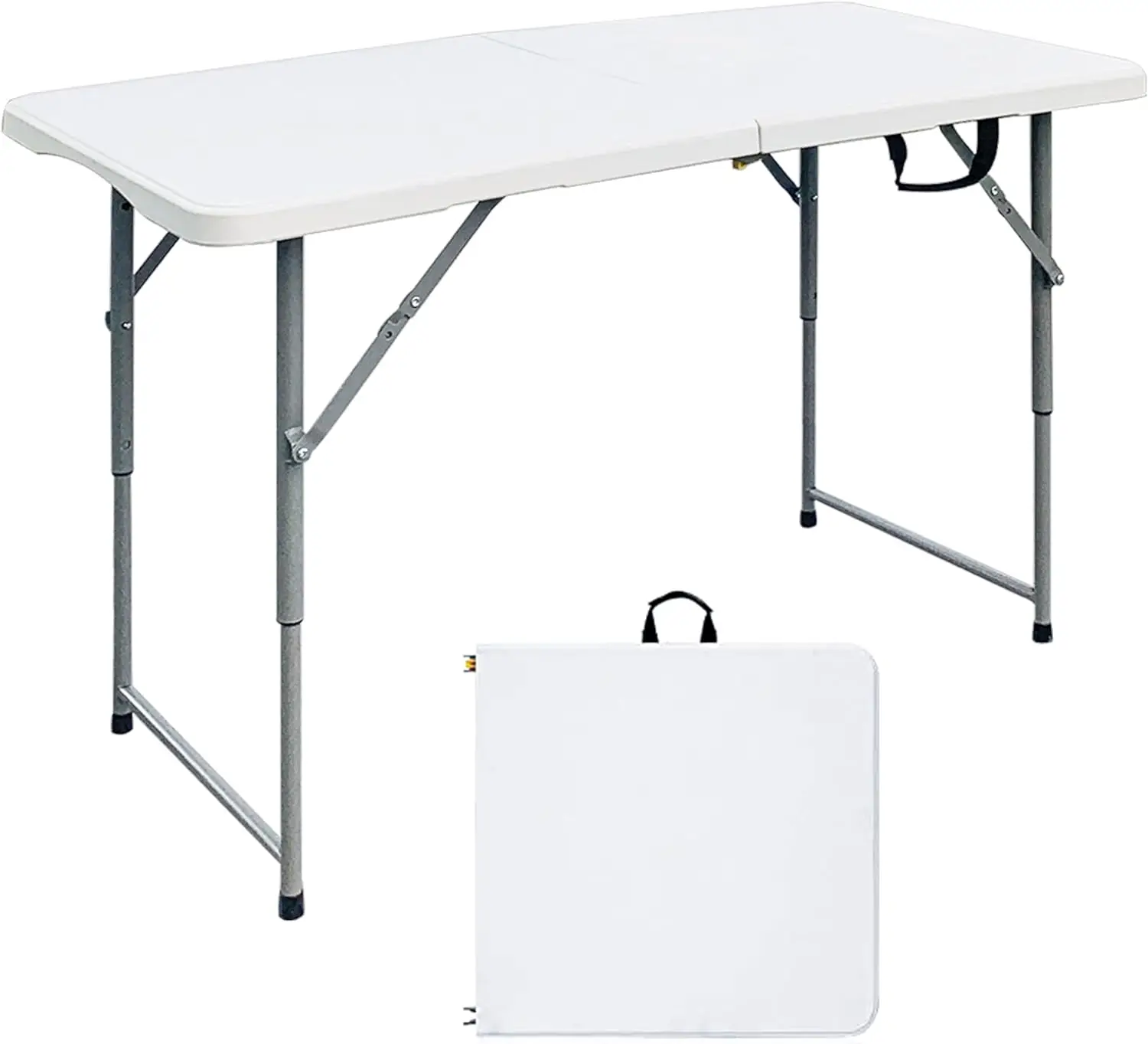 Table 4ft Foldable Heavy Duty Plastic Table, Small Portable Card Table with Carry Handle, Adjustable Height Fold up Lightweight