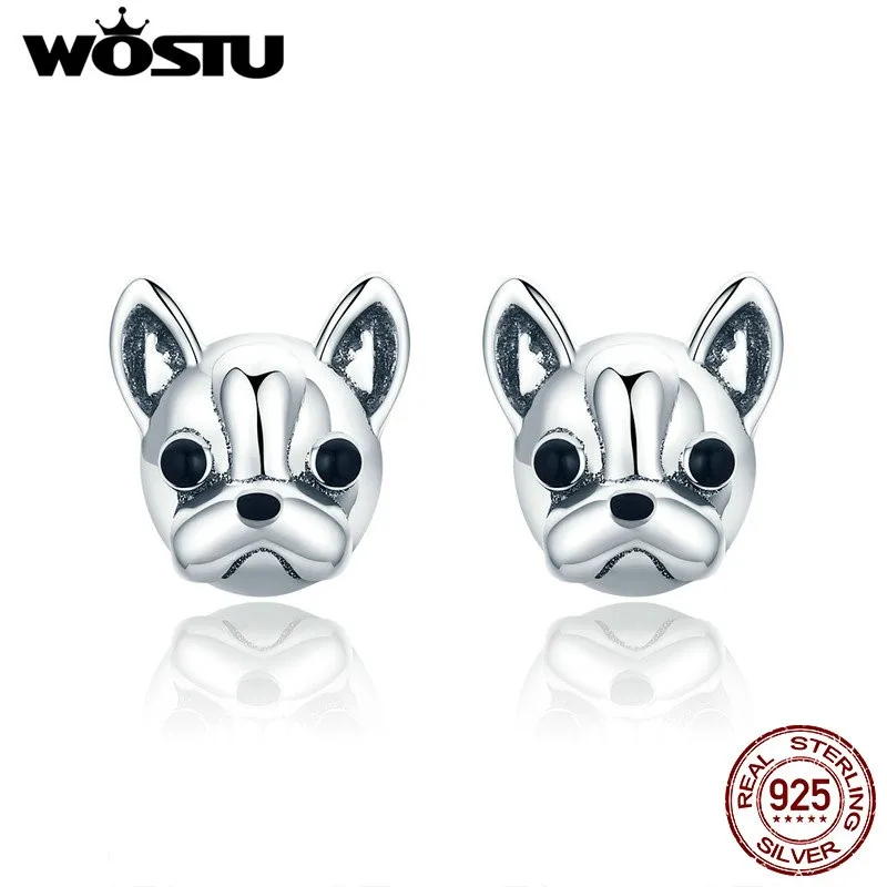 WOSTU 100% 925 Sterling Silver Loyal Partners French Bulldog Dog Animal Small Stud Earrings for Women Oorbellen Jewelry FIE283