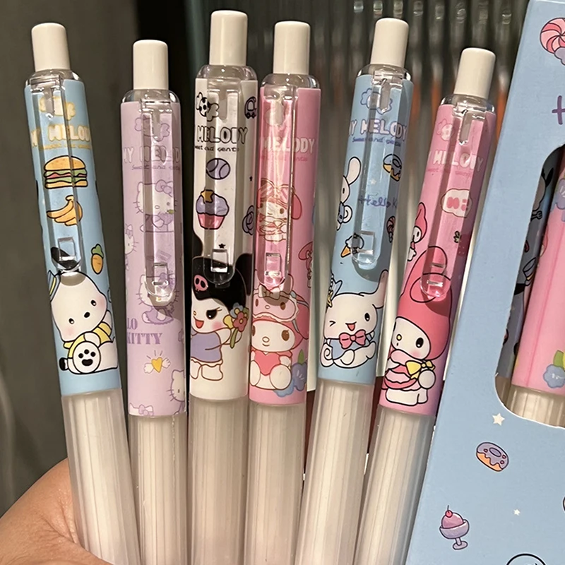 Sanrio Olá Kitty Gel Pen, Bonito Dos Desenhos Animados, Kuromi Melody Cinnamoroll, Alta Aparência, Press Pen, Material Escolar para Meninas, Presente Infantil, 6Pcs