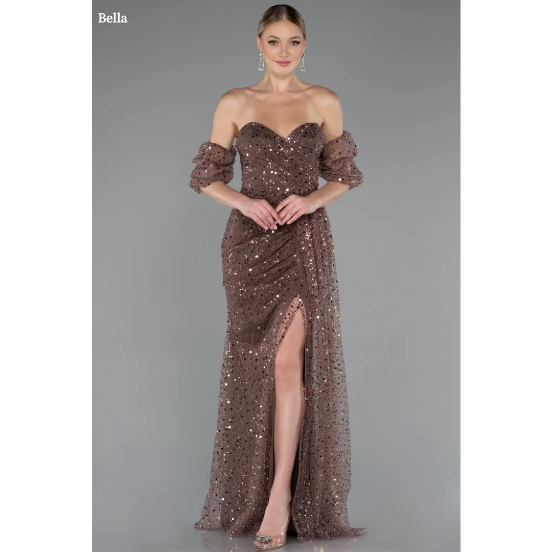 

Bella Customized Brown Sequins Side Slit robes de soirée Strapless Puff Sleeve Party Dresses Floor-Length A-line Prom Dress 2025