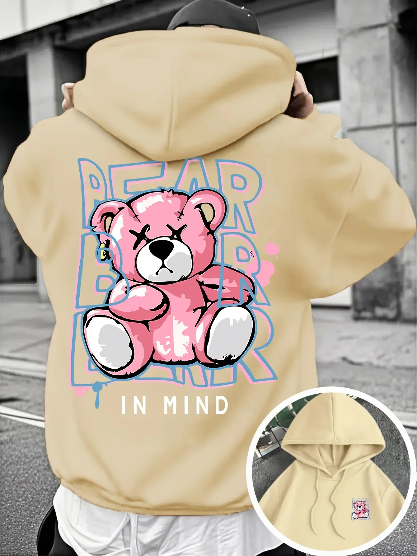 Trendy Casual Loose Graffiti Style Stitched Teddy Bear Letter Art Oversized Hooded Sweatshirt Men Women