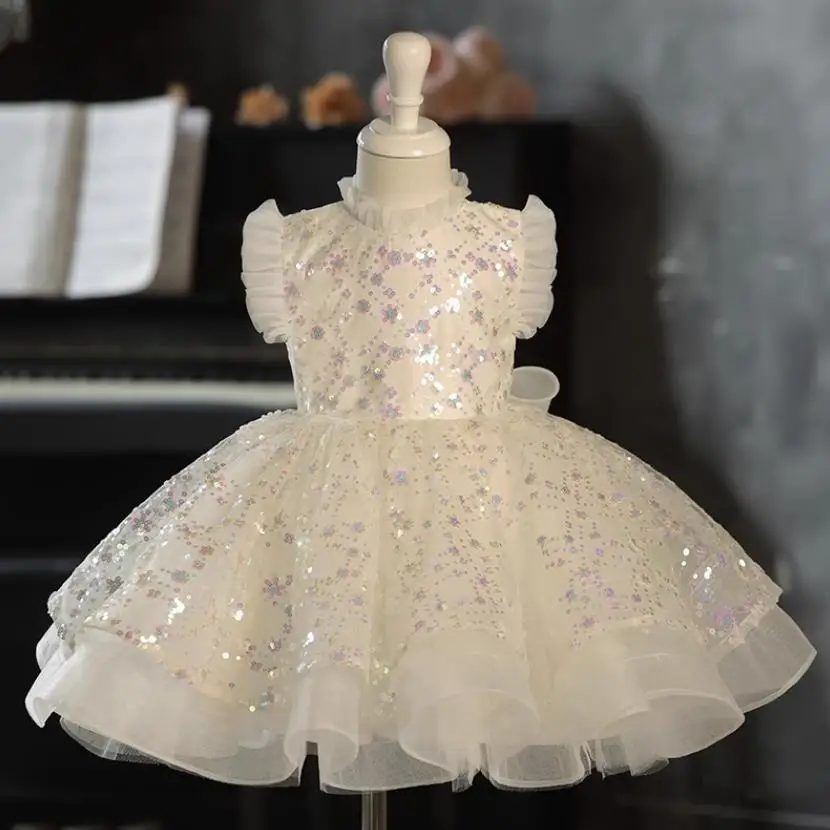 

New Children's Evening Gown Bow Sequins Design Host Performance Clothes Wedding Birthday Baptism Eid Party Girls Dress A2924