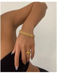 Titanium With 18 K Gold Pave Watch Strap Statement Bracelet Women Stainless Steel Jewelry Chic Gown Japan South Korea Fashion