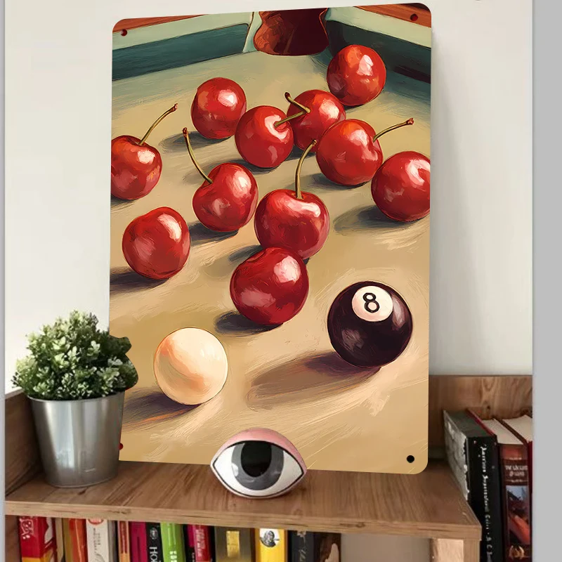 Vintage Cherry and Billiard Creative Metal Tin Sign Home Wall Decor Art Hanging for Living Room Dining Room