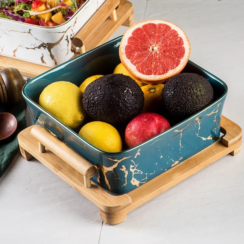 Nordic Simple Marble Golden Pattern Peacock Green Square Fruit Bowl Versatile Ceramic Salad Square Bowl with Wooden Bracket