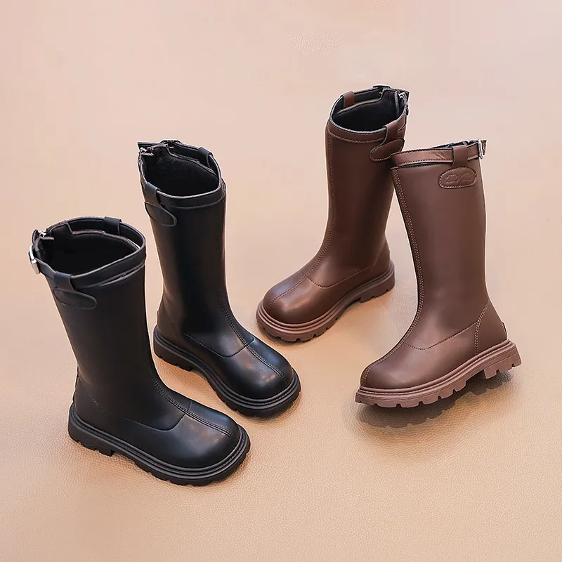 

Классические детские зимние плюшевые сапоги, черные простые хлопковые сапоги для девочек, детские модные кожаные ботинки на толстой подошве с круглым носком, нескользящие