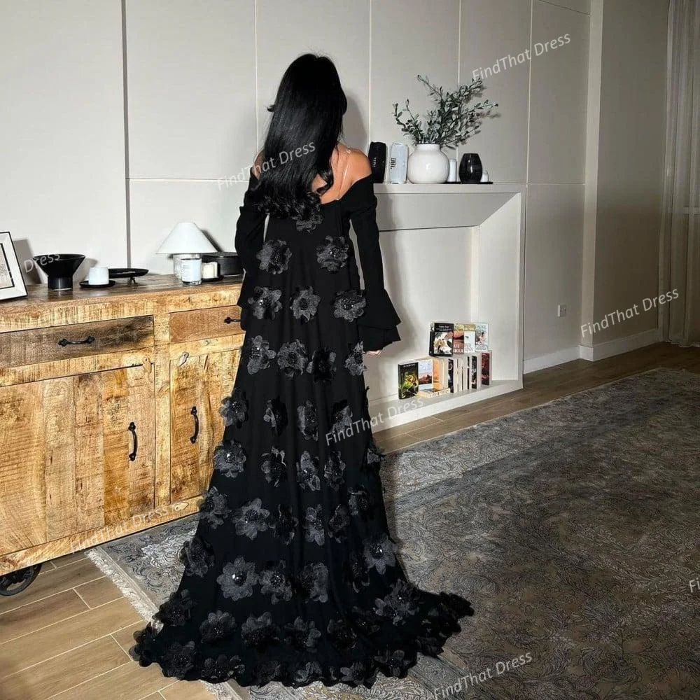 Robe de soirée fourreau en dentelle, personnalisée, superbe col bateau, fleurs 3D, manches longues, longueur au sol, avec balayage Court, robe saoudienne