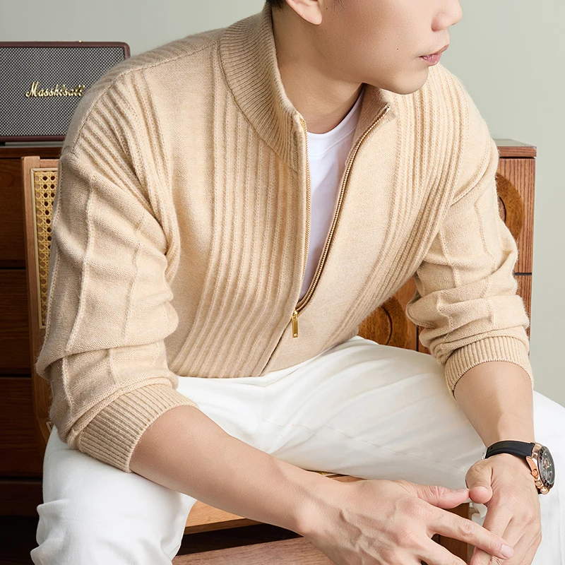 Fashion new jacquard knitted coat men's high-quality solid color autumn winter warmth semi high neck zipper sweater cardigan