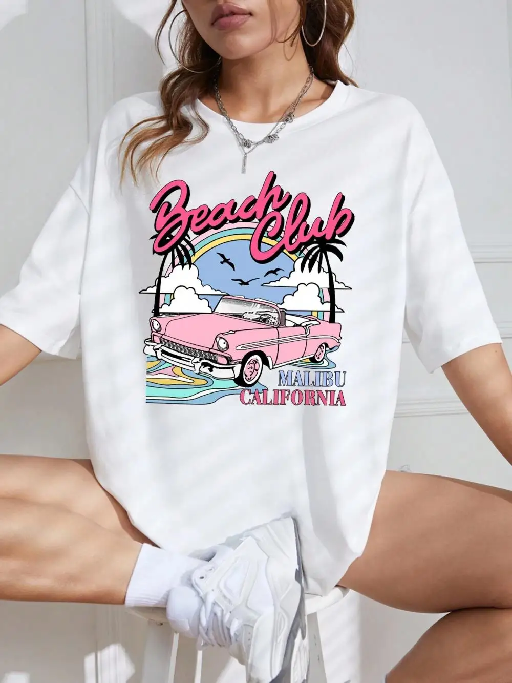 

Summer Fashion Cotton T-shirt for Women Beach Club Printing Tees Shirts Comfortable O-Neck Oversize Short Sleeve Street Clothes