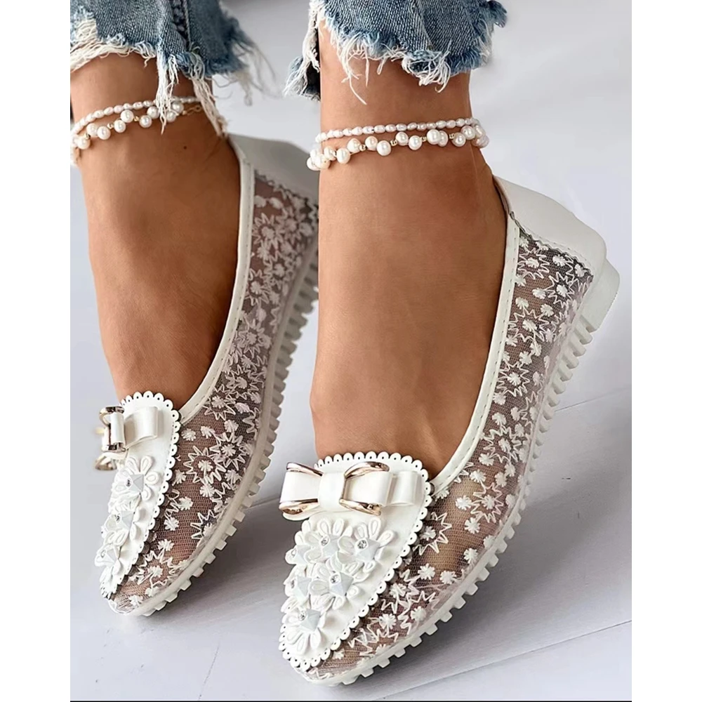 

Summer Women Floral Embroidery Bowknot Decor Work Loafers Casual Sheer Mesh Design Flats Outdoor Slip-on Going Out White Shoes