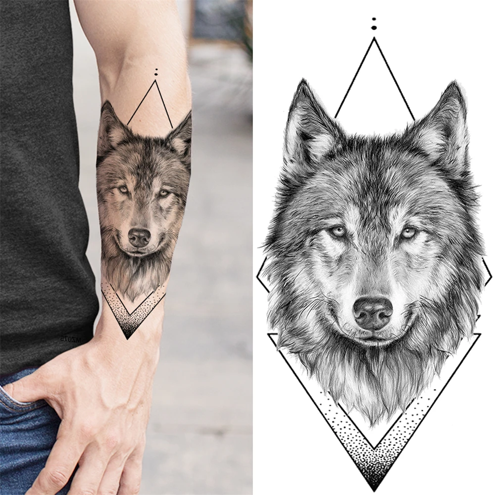 Black Geometry Wolf Temporary Tattoos For Women Adult Men Owl Feather Fake Tattoo Realistic Body Art Painting Half Sleeve Tatoos