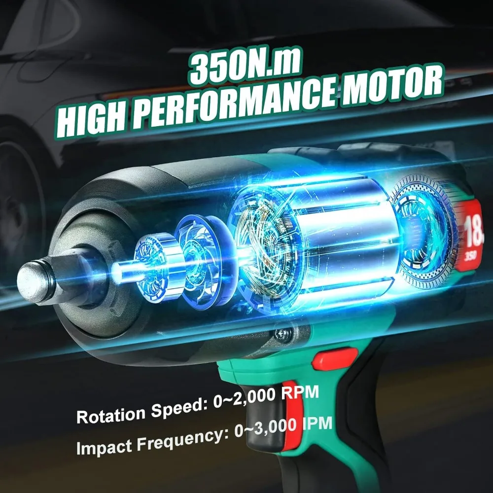 Obeng Impack Tanpa Kabel 18V, Driver Torsi Tinggi 1/2 Inci dengan Daya 350 N.m, Termasuk Baterai dan Soket untuk Pekerjaan Ban dan Baut