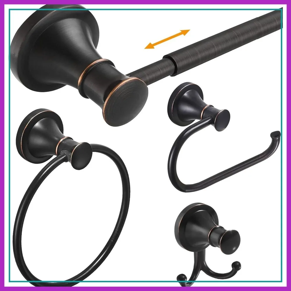 

Oil Rubbed Bronze Bathroom Accessory Set, 4-Piece Wall Mount Hardware with Adjustable Towel Bar, Ring, Holder, Hooks