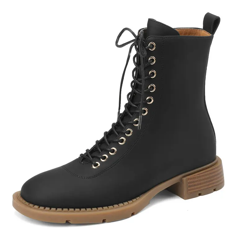 

Autumn Winter Women Ankle Boots Fashion Genuine Leather Thick Low Heels Casual Shoes Woman Lace-Up Motorcycle Boots