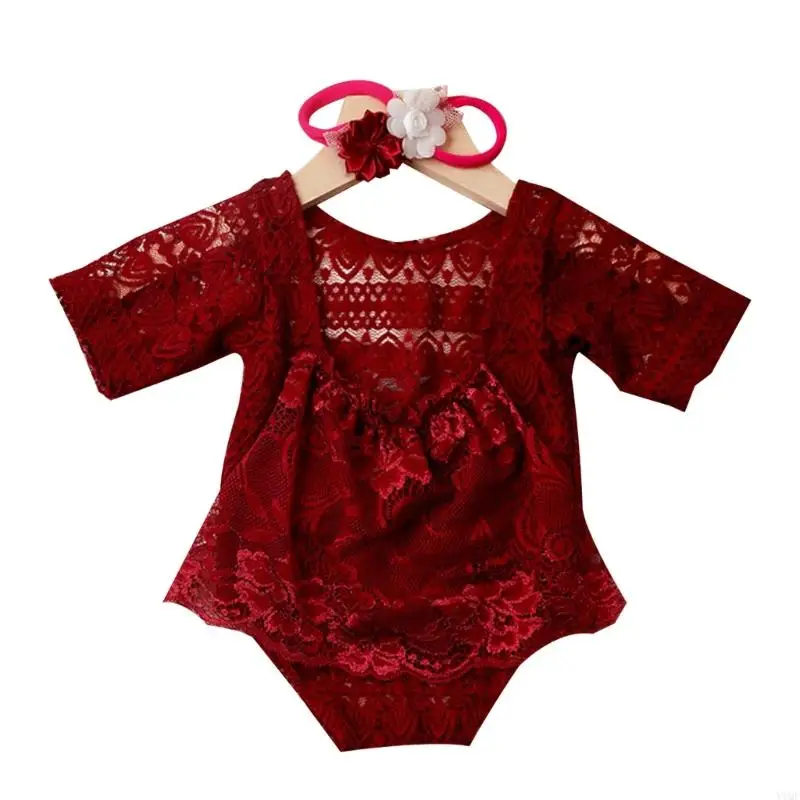 Y1QF Baby Lace Romper Headpiece Photoshoot Costume Posing Wear 0-1M Infant Photo Suit