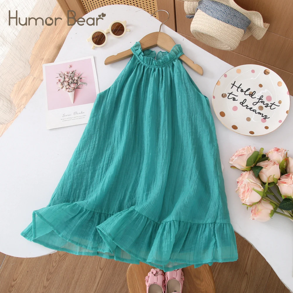 Humor Bär Sommer Mädchen Kleid Einfarbig Retro-Stil Neckholder ärmellos Mode Prinzessin Kleid Freizeitkleider für Mädchen