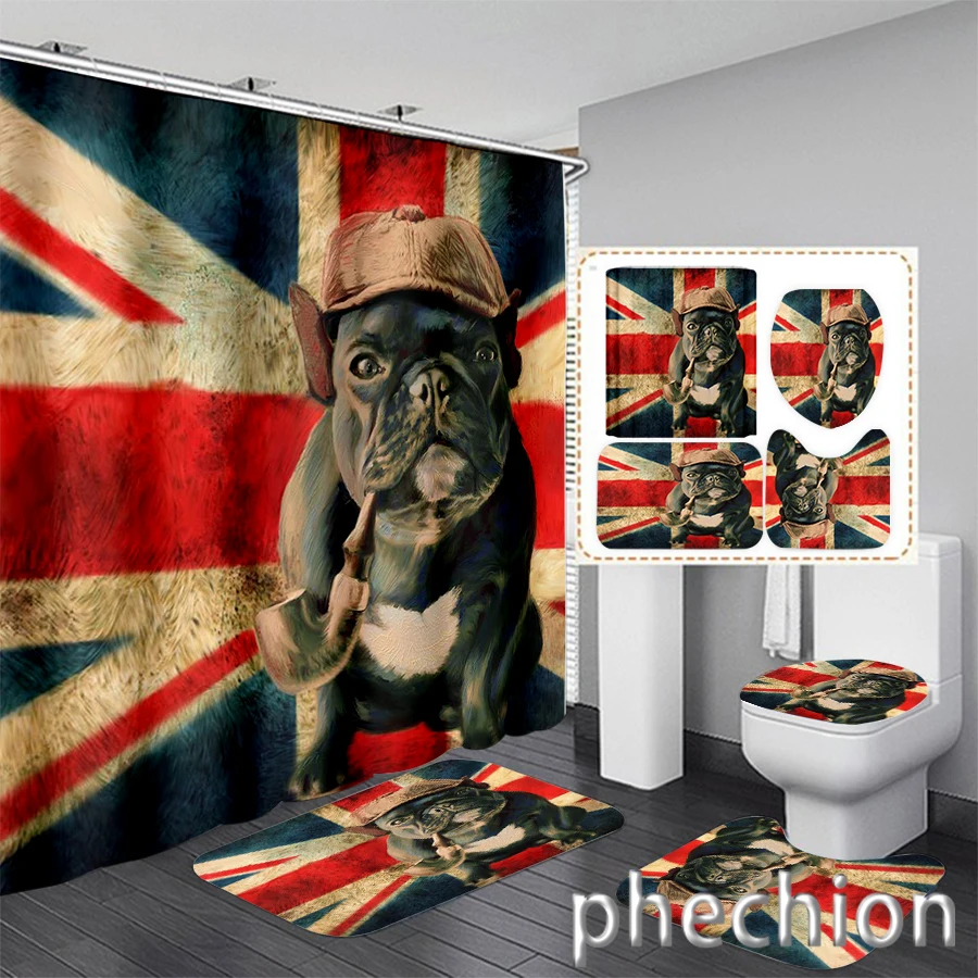 New 3D Print French Bulldog Shower Curtain Waterproof Bathroom Curtain Anti-slip Bath Mat Set Toilet Rugs Carpet VR77