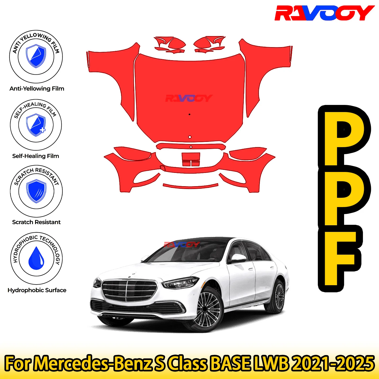 

For Mercedes-Benz S Class BASE LWB 2021-2025 Glossy Matte Black Precut front PPF Kit Paint Protection Film