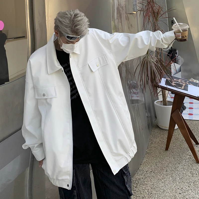 Уличная куртка из искусственной кожи, Мужская Осенняя американская винтажная куртка большого размера с воротником, Повседневная мотоциклетная куртка унисекс с карманами