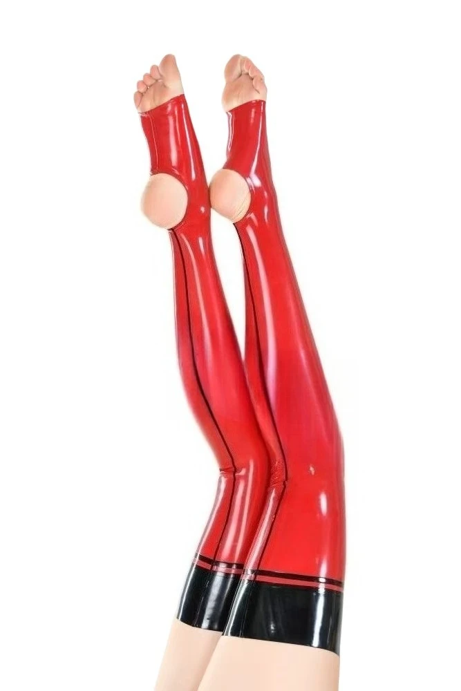 

Sexy Unisex Latex Stockings Red with Black Trims Rubber Fetish Thigh High Stirrup Socks Cosplay Costumes