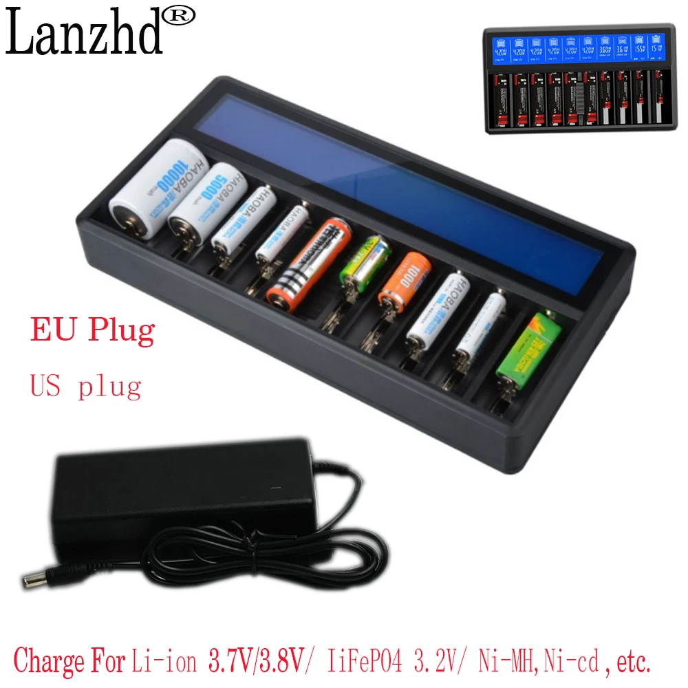 Battery Charger 10 Slots LCD  charger For Li-ion 3.7V/3.8V/ IiFePO4 3.2V/ Ni-MH,Ni-cd Li ion  Charging  26650 18650 Charger