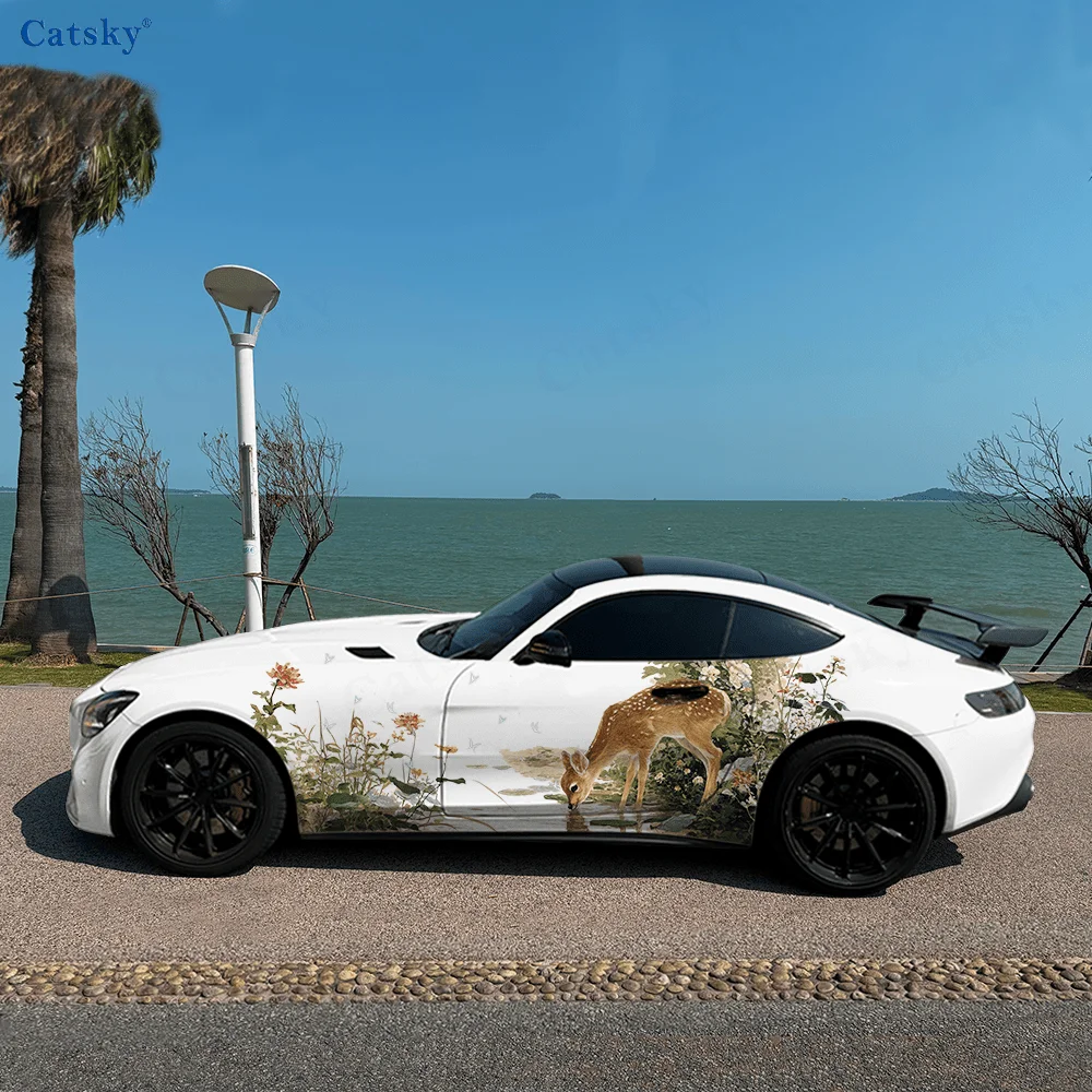 

Sika Deer Water Flower Ponds Car Vinyl Wraps Decal Self-adhesive PVC Sticker Suitable for Trucks SUV Decor Auto Accessories Gift