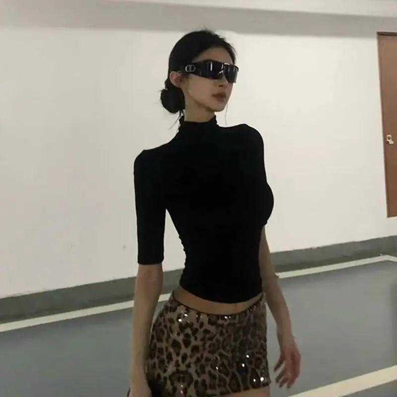 Tshirt Women Tops Black Stretch Skinny Mid-High Neck Medium sleeves Base T-shirt Solid Crop Top Vintage Streetwear Simple Tees
