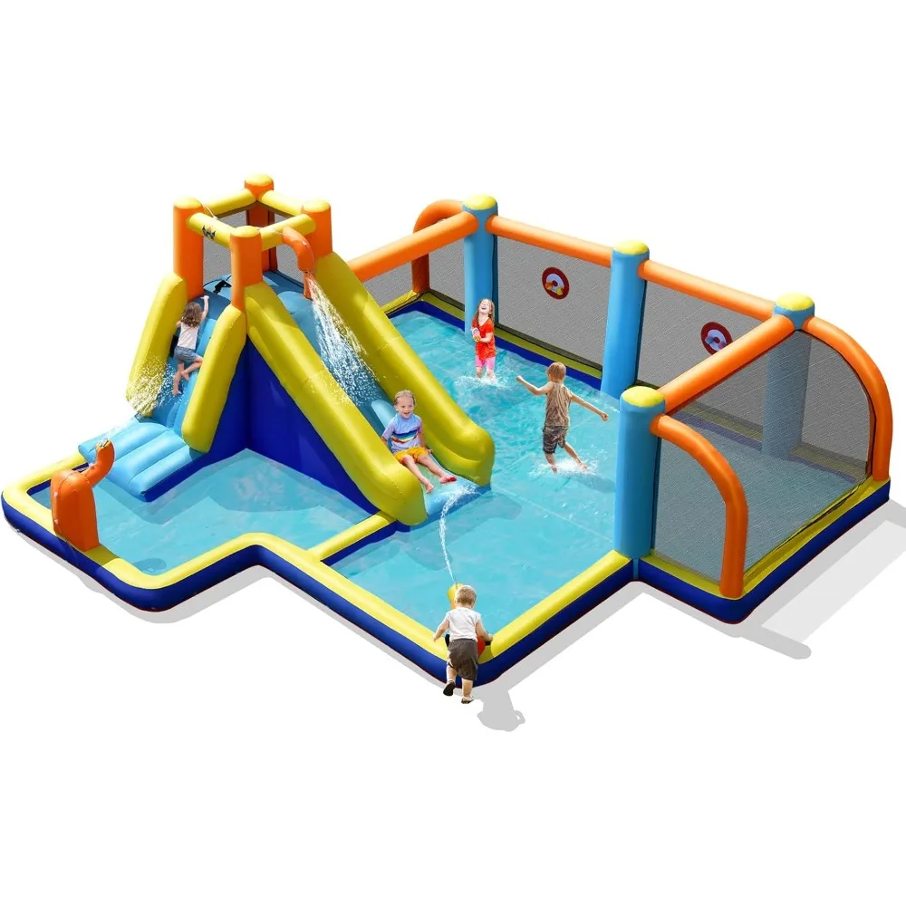 Corrediça de água inflável para diversão ao ar livre, Mega Soccer Park, grande piscina Splash, parede de escalada, 15x16 pés