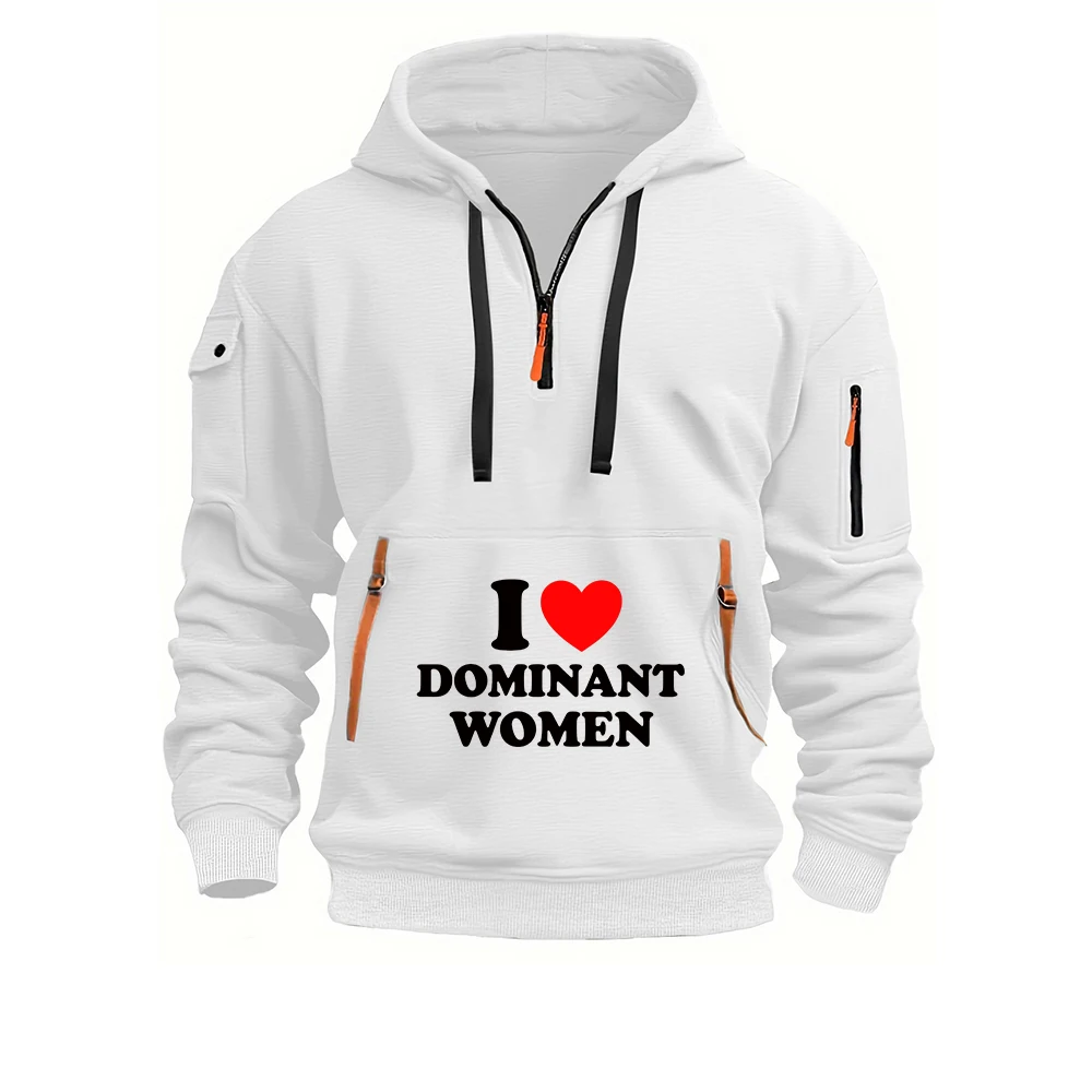 I Love Dominant Women Graphic Men's Sports Zipper Arm Pocket Loose Casual Sweatshirt Dropped Shoulder Hooded Pullover Hoodies
