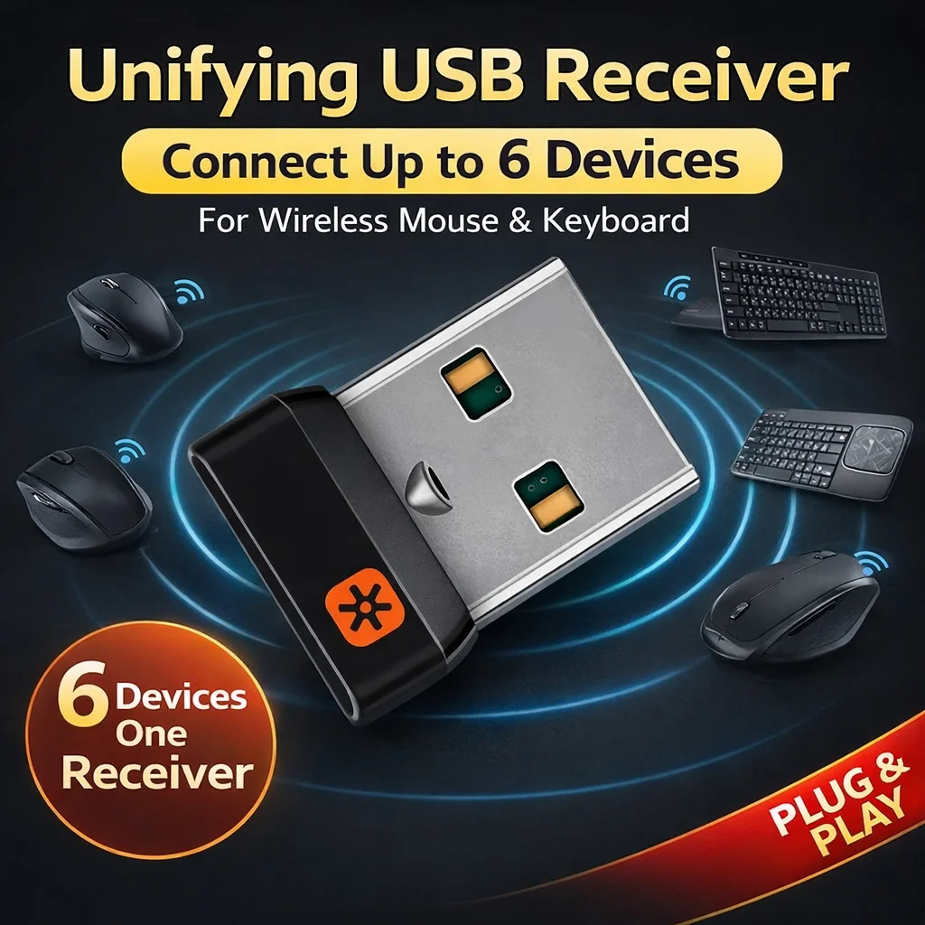 Unifying USB Receiver For Wireless Mouse & Keyboard, Replacement Dongle, Pair Up to 6 Devices, 2.4GHz USB Adapter