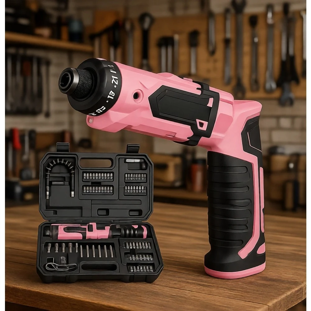 

Compact 8V Pink Cordless Screwdriver Kit with 82 Accessories LED Light Dual Handle 21 Clutch 10Nm