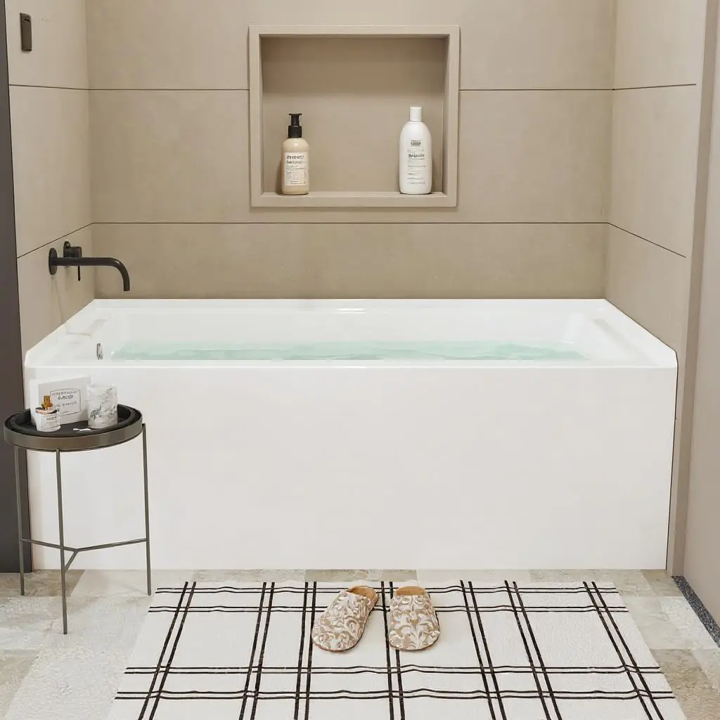 

60"x30" Acrylic Alcove Bathtub with Integral Apron - Left Drain & Brushed Nickel Pop-Up Drain - Glossy White Deep Soak Tub