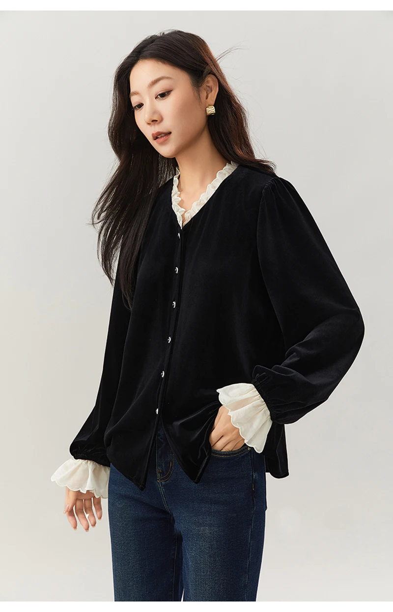 بلوزة نسائية من خيوط الحرير الطبيعي بأكمام طويلة ورقبة على شكل حرف V وحواف من الدانتيل - ملابس أنيقة وعصرية وغير رسمية وراقية