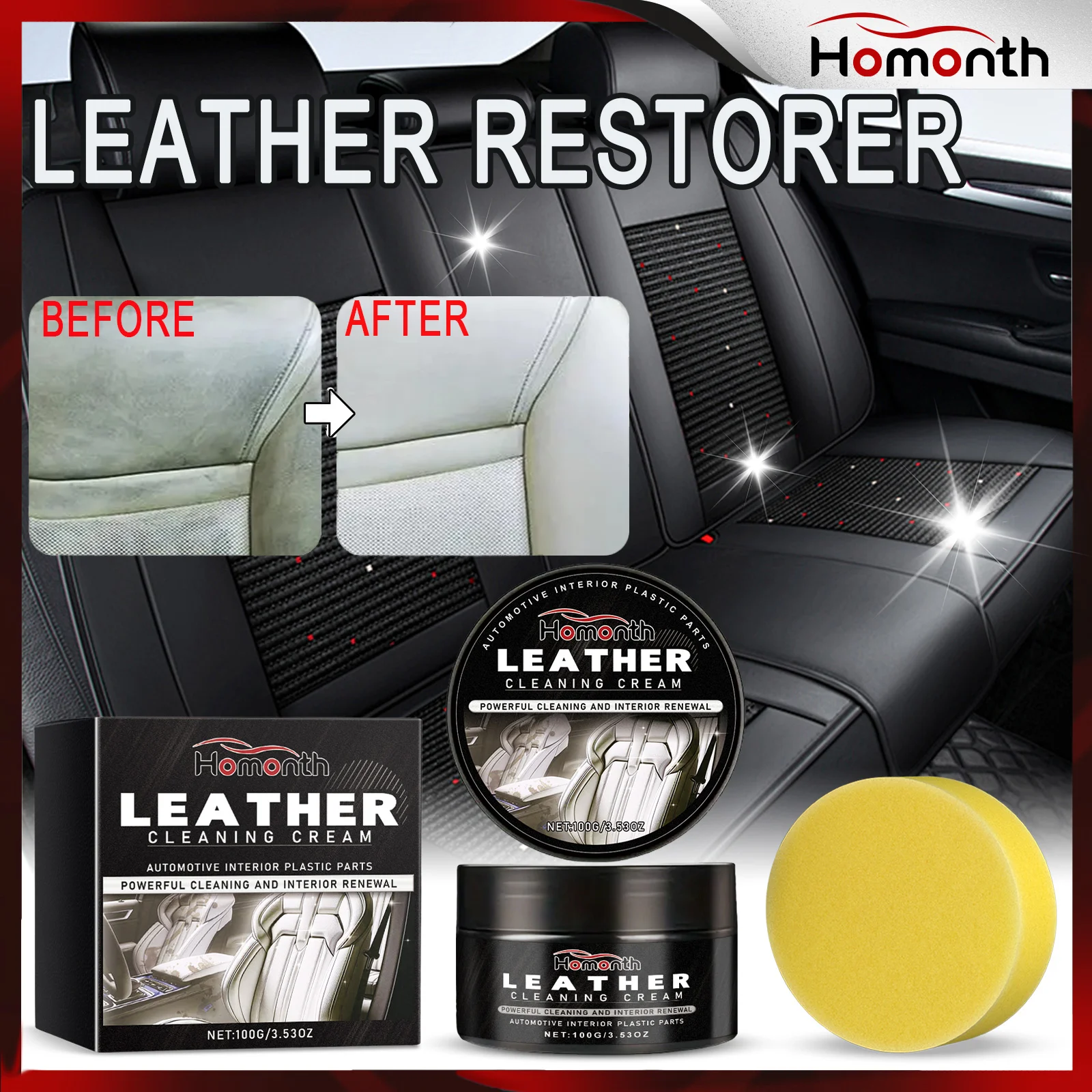 Professional Auto Leather Cleaner & Restorer Kit 100g Leather Care Cream for Car Seats Dashboard Remove Stains & Restore Shine