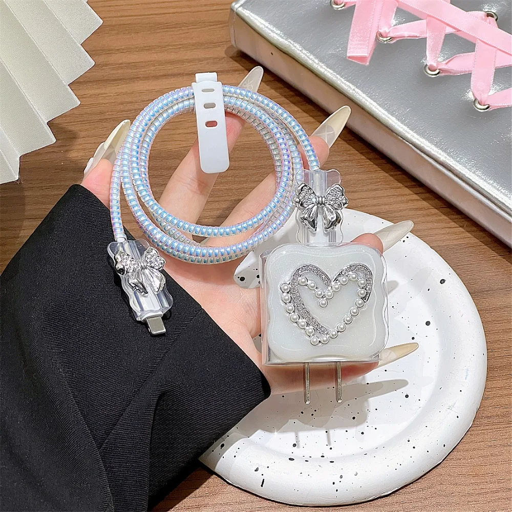 Fashion Pearl Flower Charger Cable Data Protector Case For iPhone 13 15 16 17 18W/20W Charging Protection Cover Cord Winder Kit